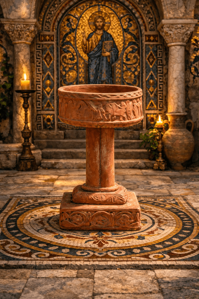 Bassin d’eau en terre cuite d’Impruneta avec relief byzantin